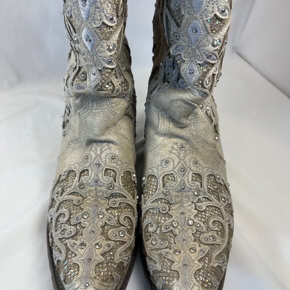 WOMEN'S WHITE GLITTERED INLAY AND CRYSTALS SNIP COWBOY BOOT 9M - Picture 7 of 16